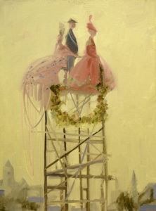 three fancifully dressed people stand atop wreathed scaffold