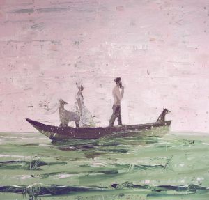 An acrylic painting on canvas of animals and figures in a boat