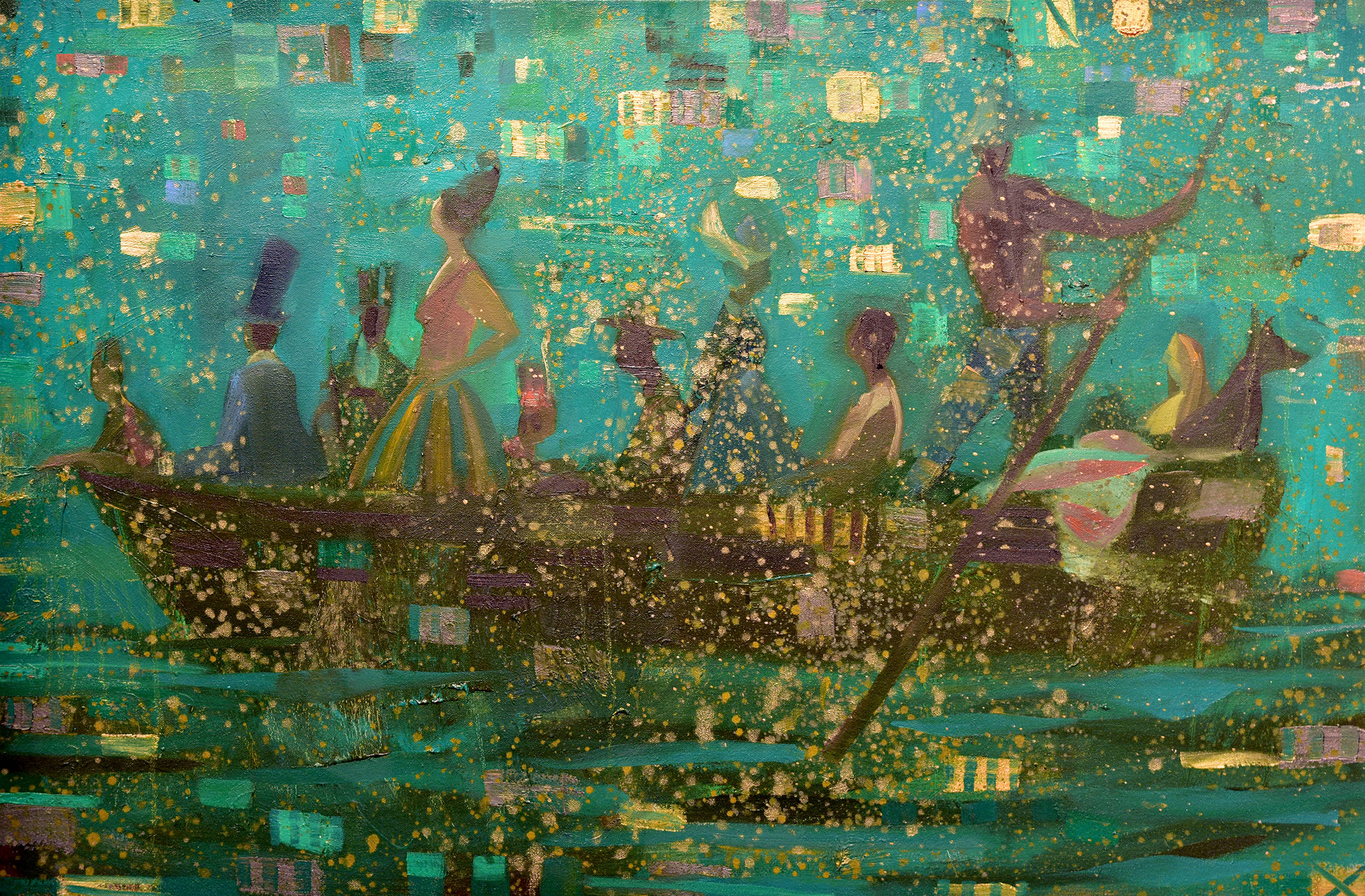 A colorful oil painting with figures in a boat