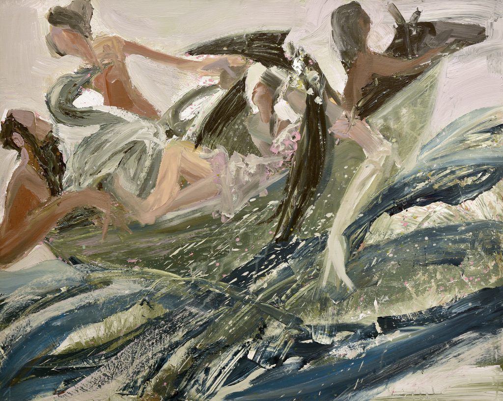 Oil painting of a boat on steep waves with masked figures and an animal inside.