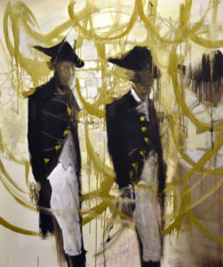 two men in revolutionary-era attire with a whimsical, gold background