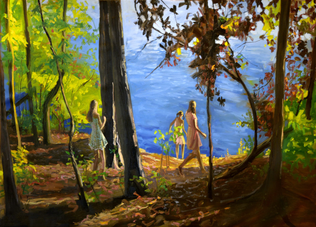 three girls stare at lake from forest edge