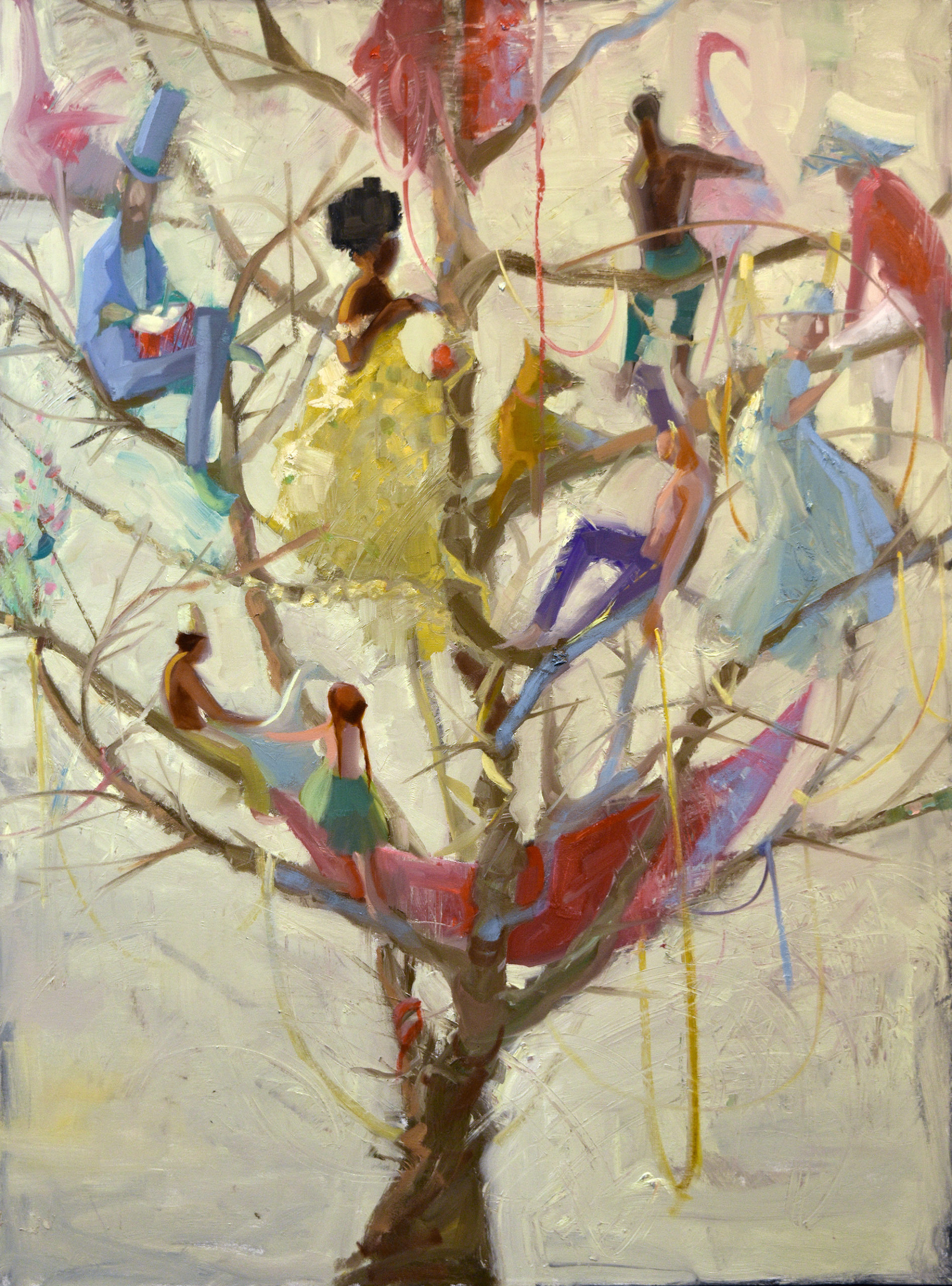 vibrantly dressed people lounge in tree strewn with multicolored garlands