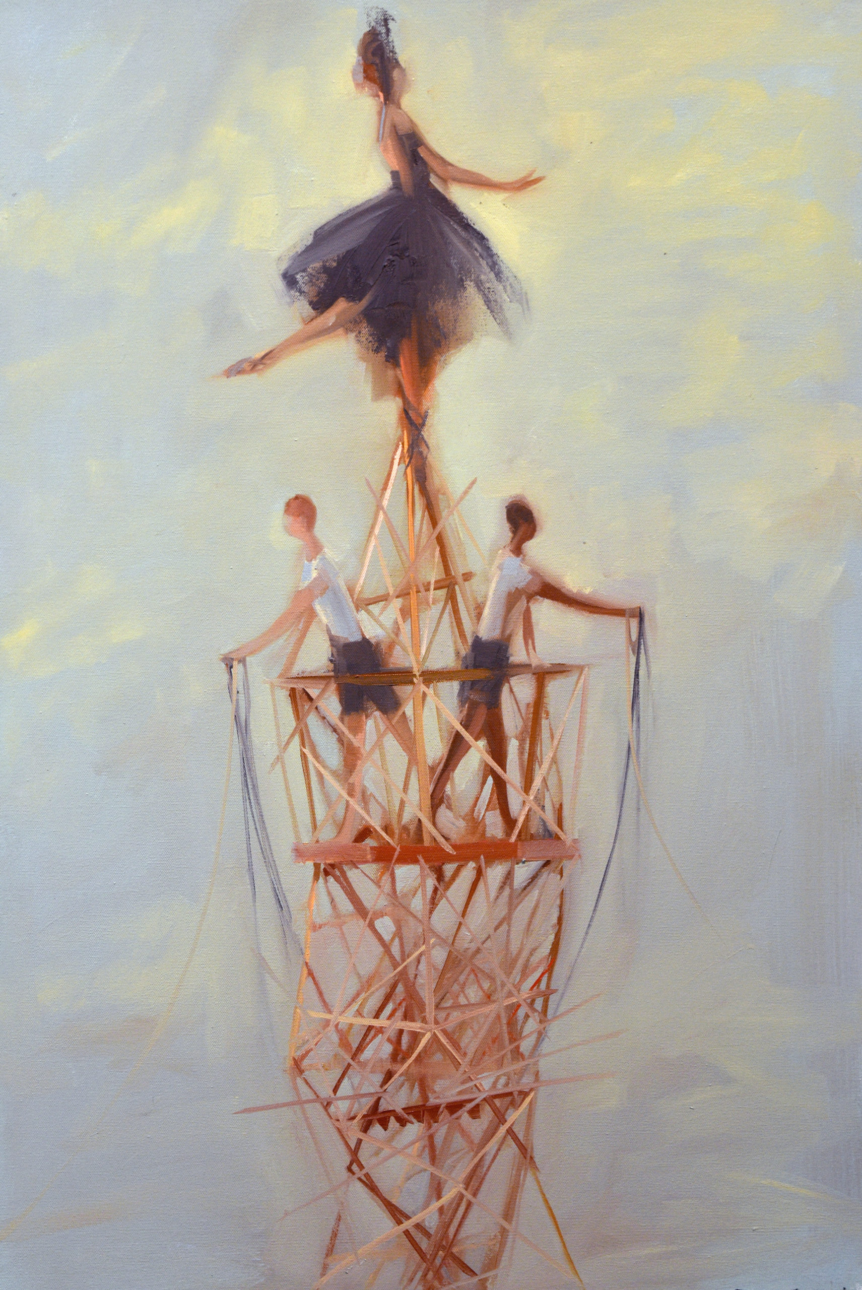 ballerina balances atop rickety scaffold, two boys drape down garlands beneath her